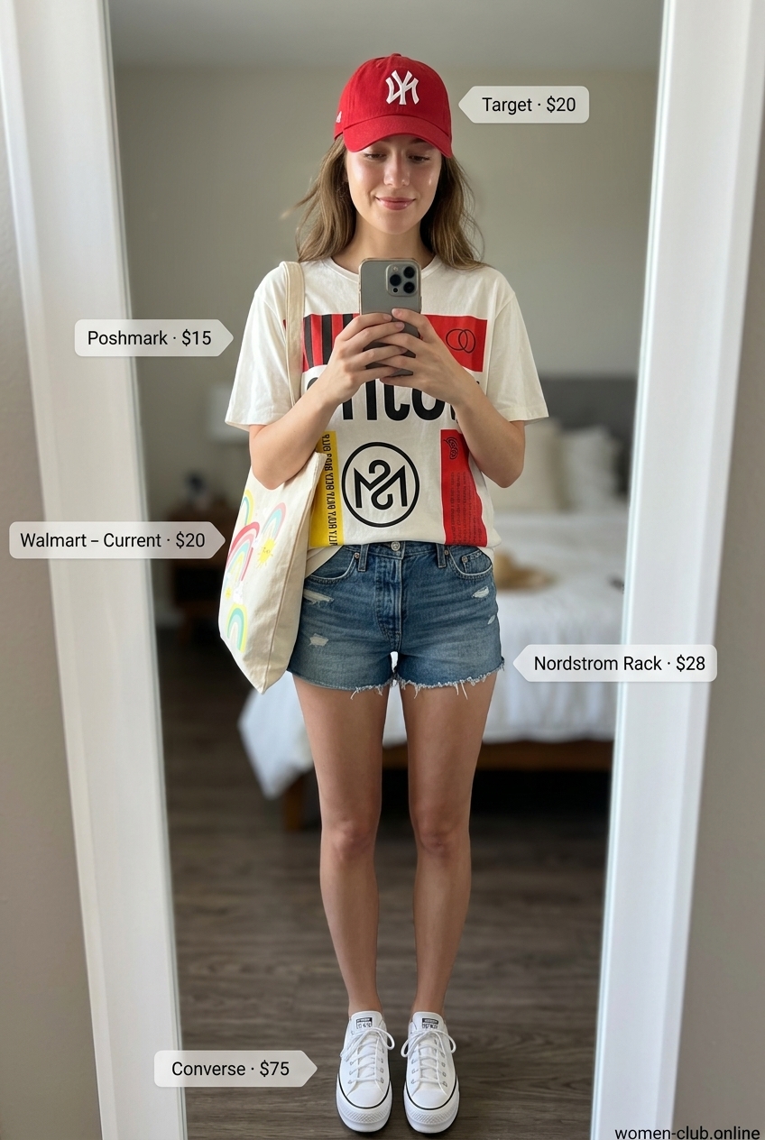 Denim shorts, graphic tee, and white platform sneakers for summer outfits for women with platform sneakers 2026.