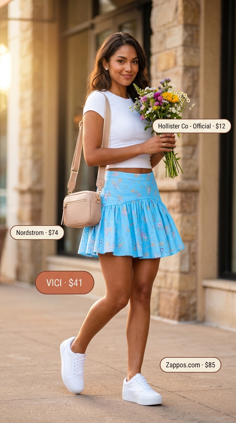 Floral mini skirt, white tee, and white platform sneakers for summer outfits for women with platform sneakers 2026.