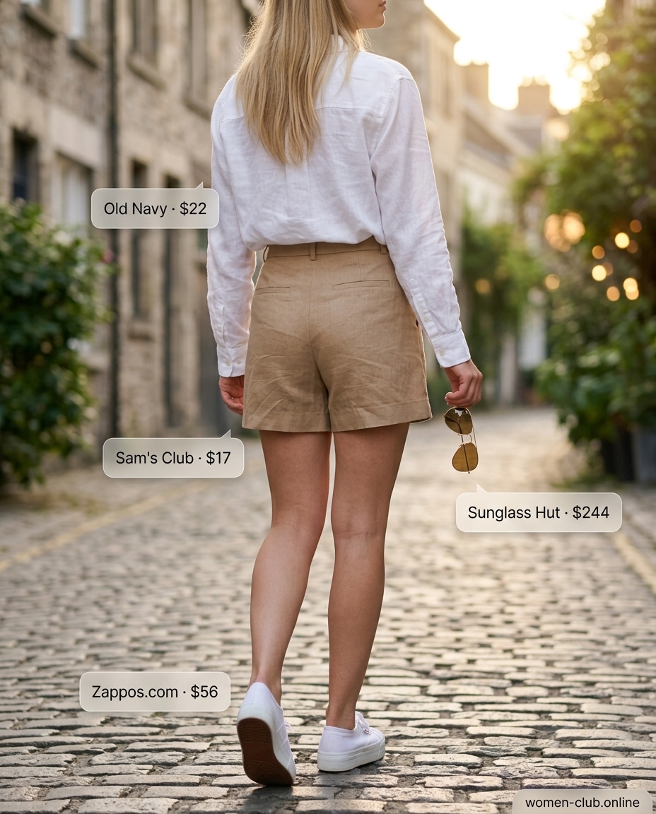 Linen shorts, white oversized shirt, and white platform sneakers for summer outfits for women with platform sneakers 2026.