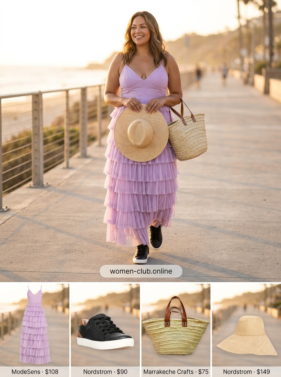 Flowy lavender maxi dress with straw hat and tote for summer outfits for women with platform sneakers 2026.