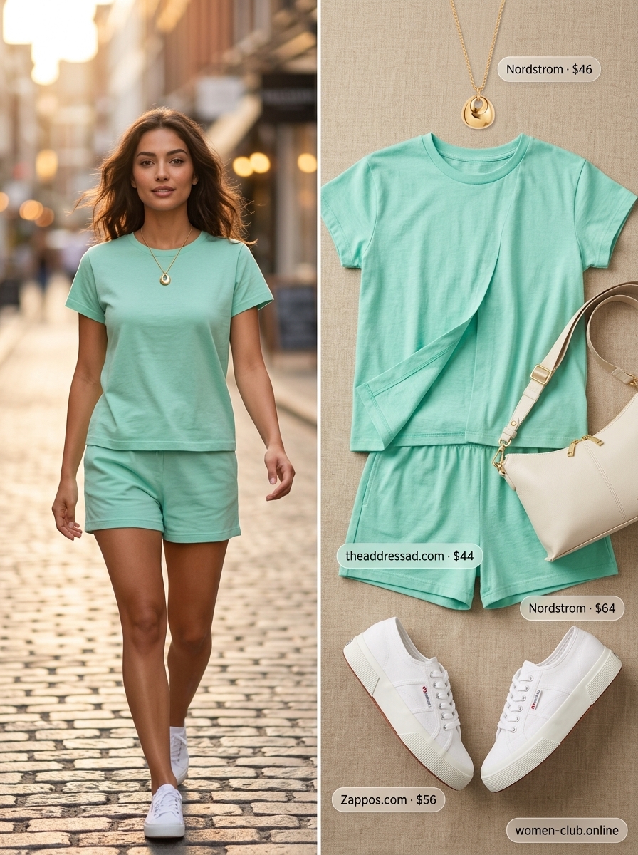 Mint green matching set with white platform sneakers for summer outfits for women with platform sneakers 2026.