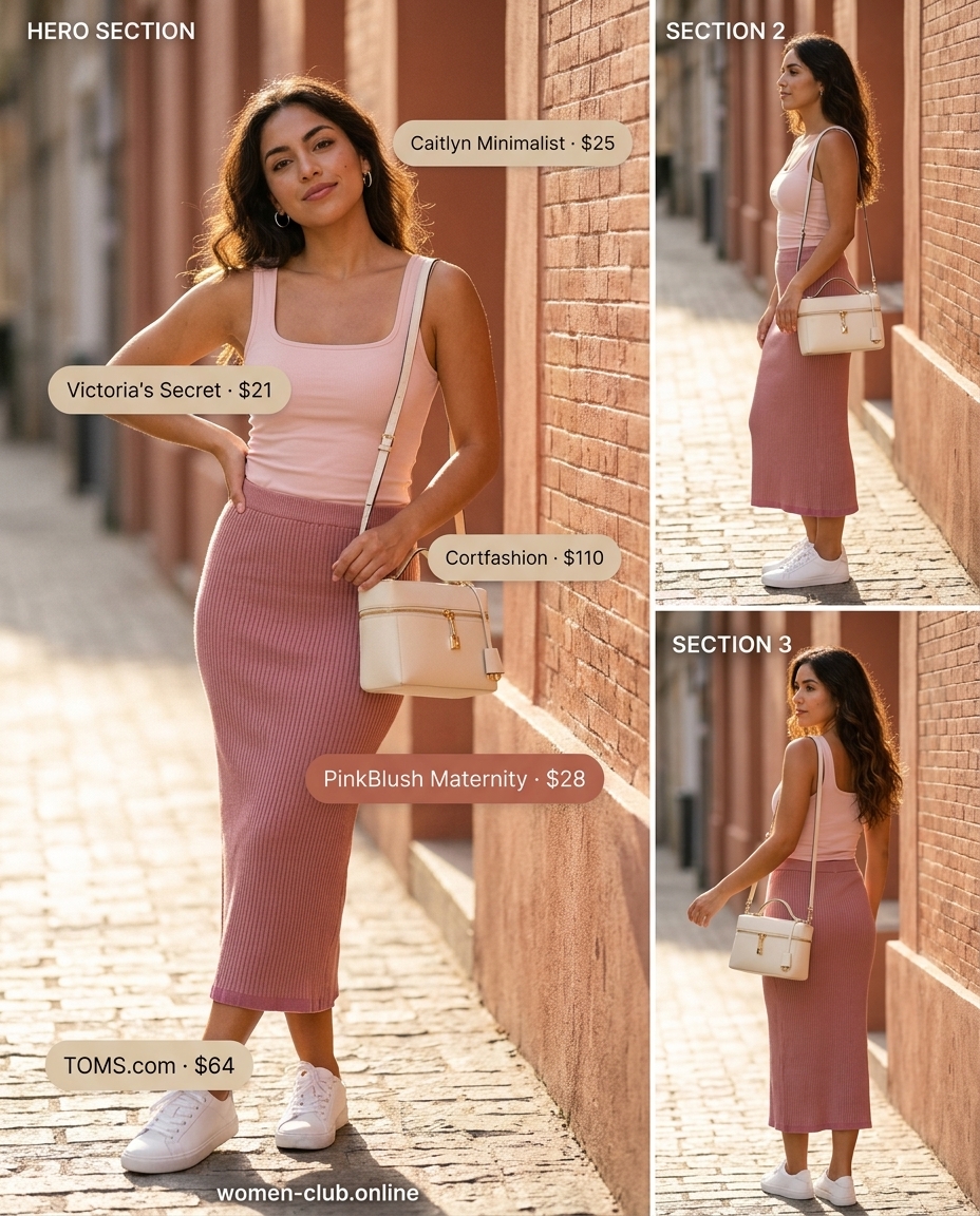 Dusty pink midi skirt, pink tank top, white minimalist sneakers for summer outfits for women with platform sneakers 2026.