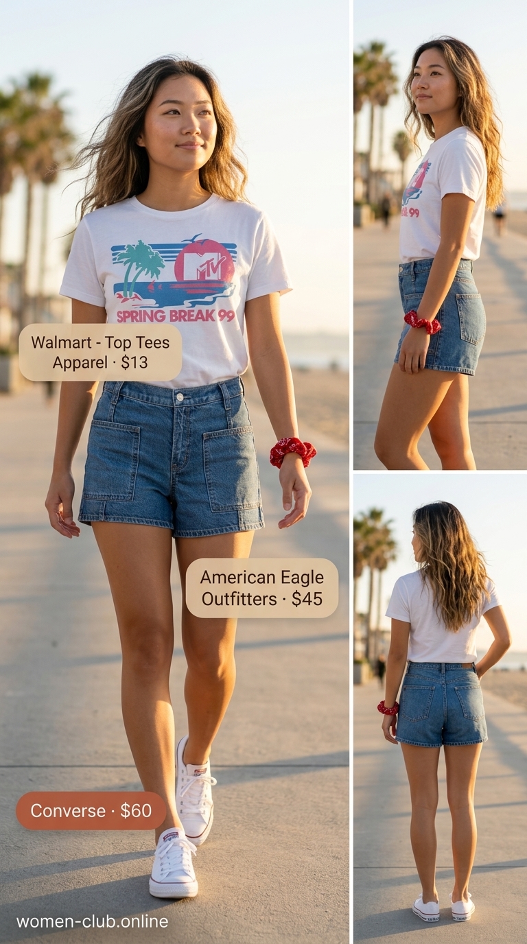 Retro summer outfit for women with platform sneakers 2026: graphic tee, denim shorts, canvas sneakers, and belt bag.