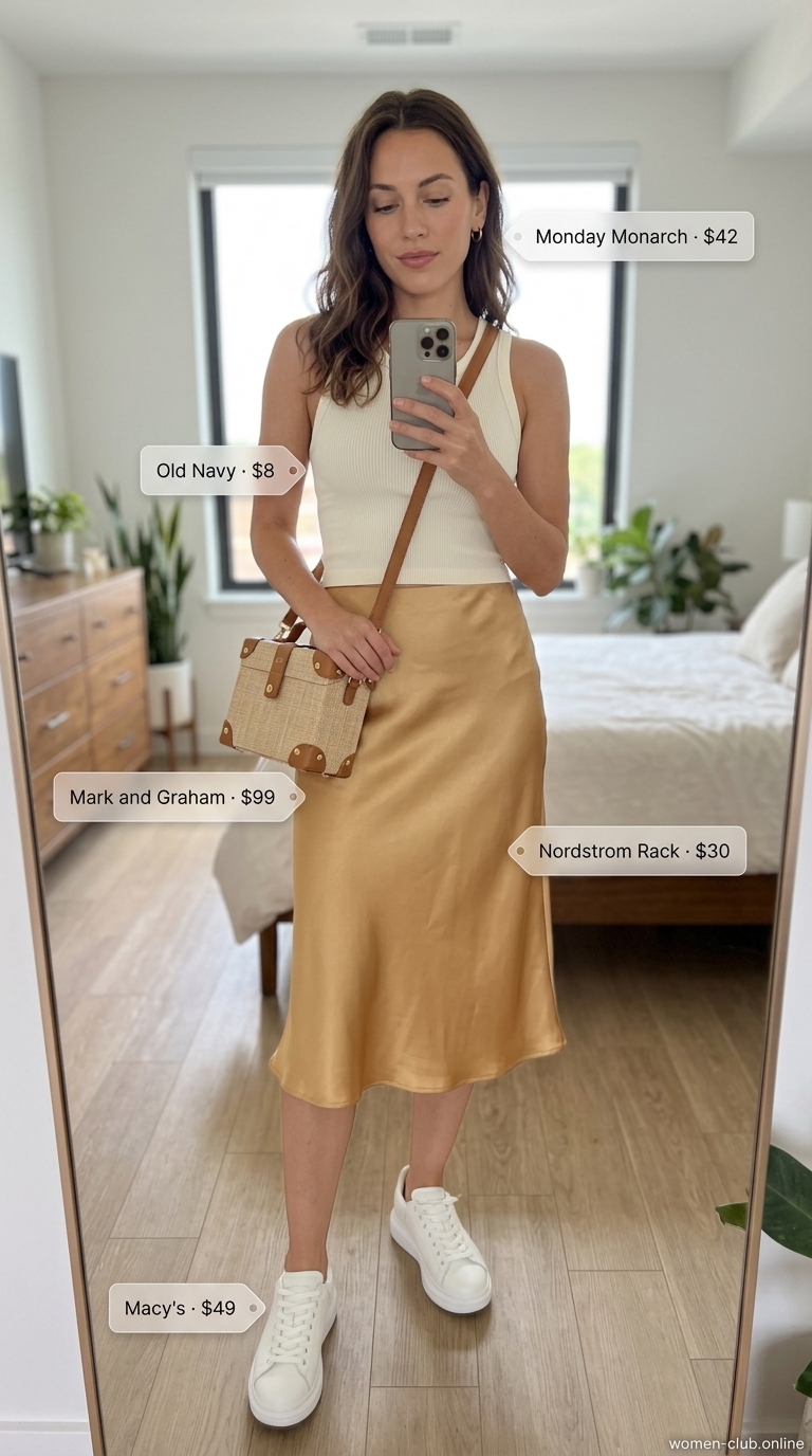 Golden yellow satin midi skirt, white tank, and white platform sneakers for summer outfits for women with platform sneakers 2026.