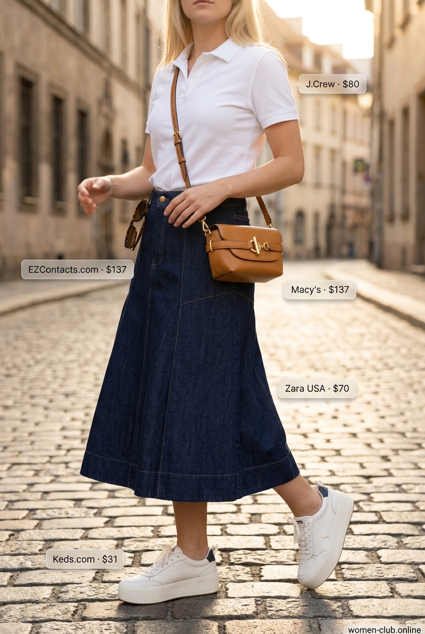 Sporty chic outfit for women with platform sneakers 2026: polo shirt, midi skirt, crossbody bag, and white sneakers.