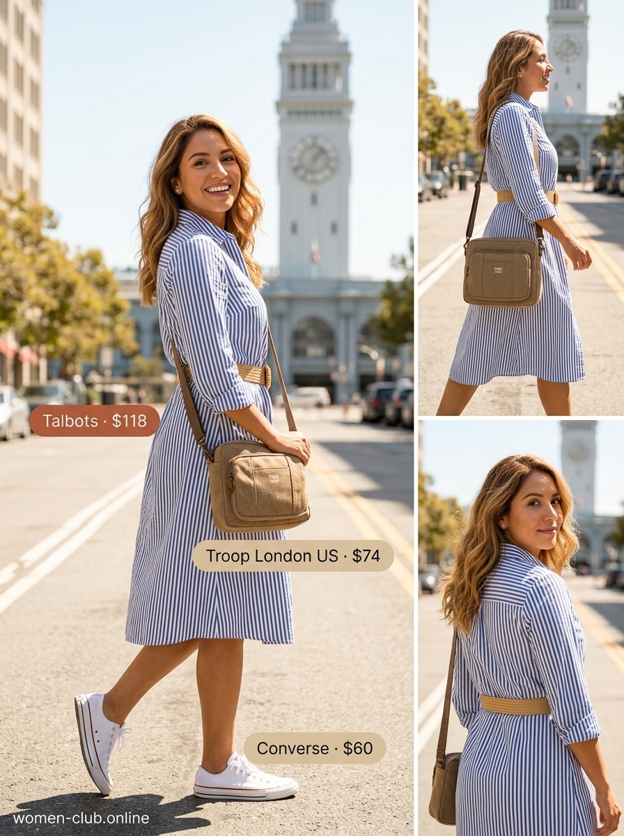 Blue and white striped shirtdress, tan crossbody bag, white canvas platform sneakers for summer outfits for women 2026.