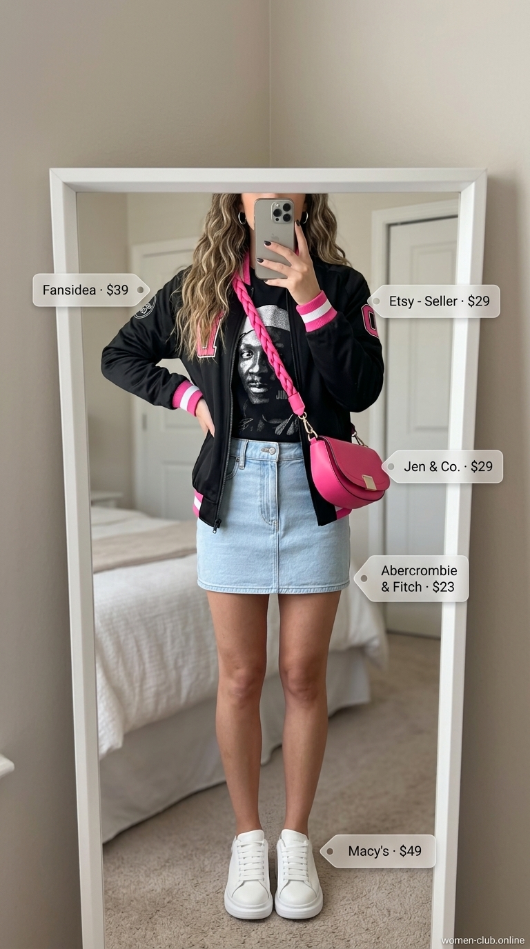 Denim mini skirt, pink crossbody, bomber jacket, pink platform sneakers for summer outfits for women with platform sneakers 2026.