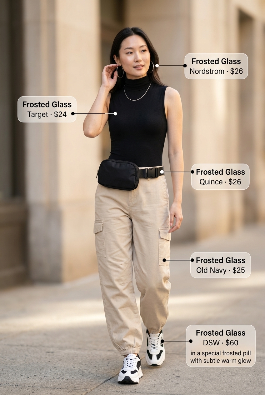 Beige cargo pants, black bodysuit, chunky black platform sneakers for summer outfits for women with platform sneakers 2026.