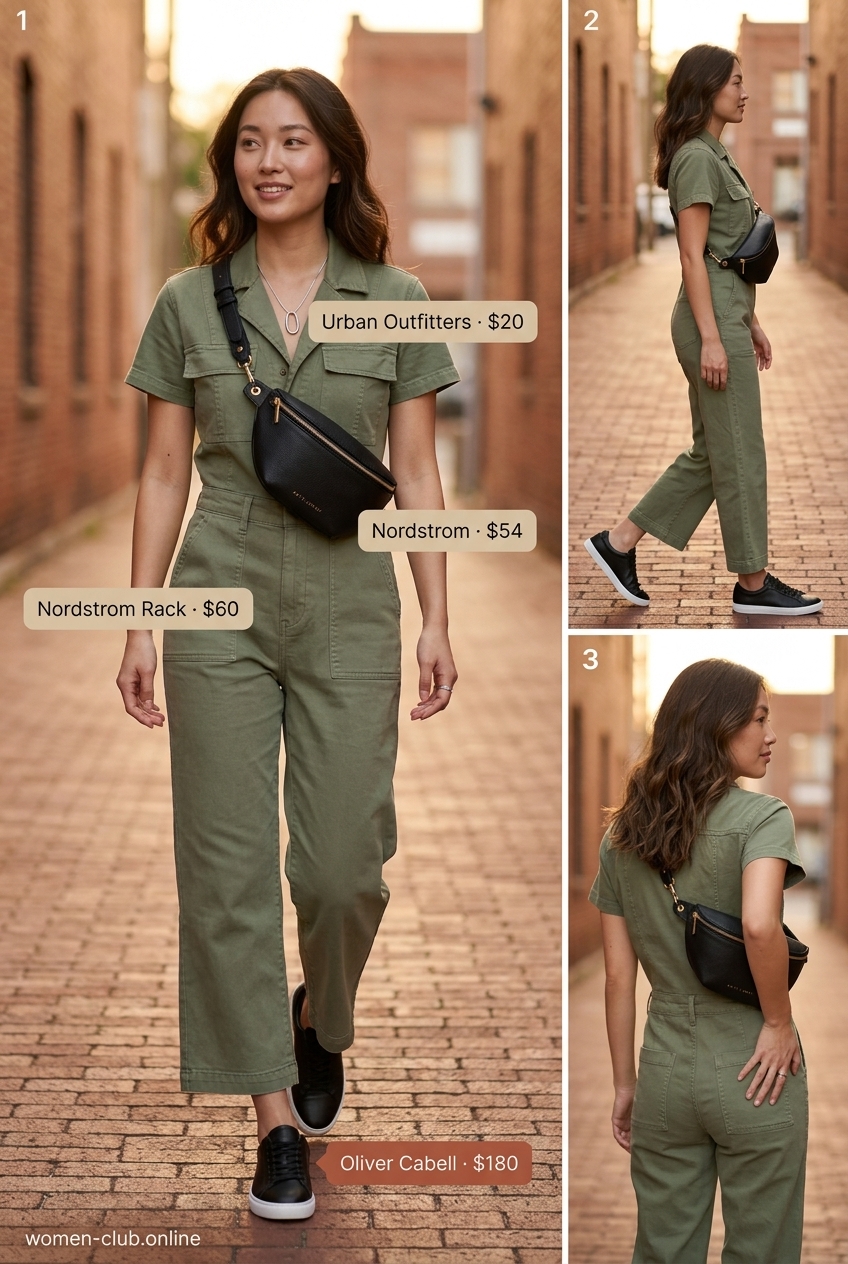 Olive green utility jumpsuit, black belt bag, black sneakers for summer outfits for women with platform sneakers 2026.