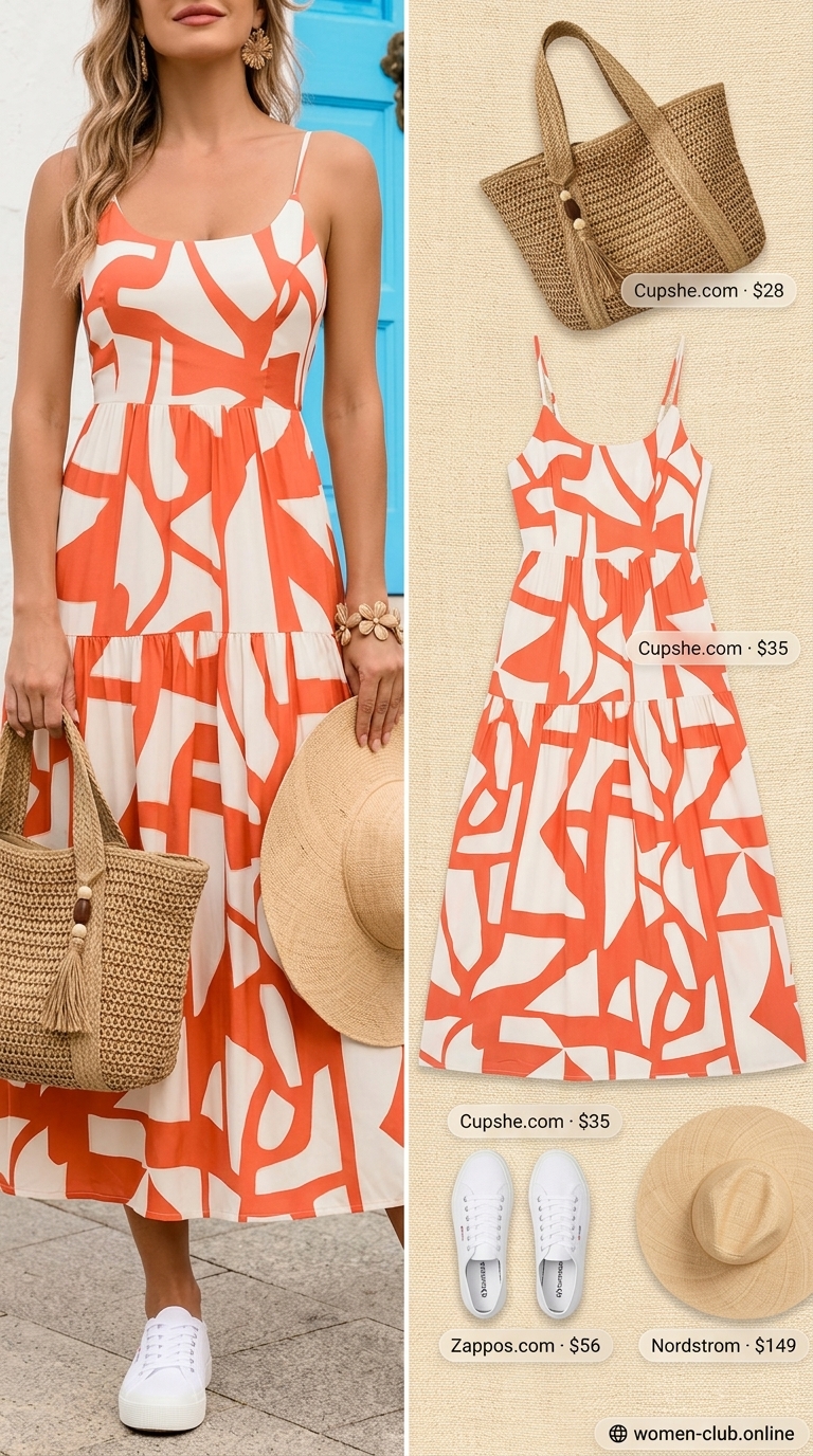 Vacation outfit for women with platform sneakers 2026: flowy maxi dress, straw hat, straw tote, and white canvas sneakers.