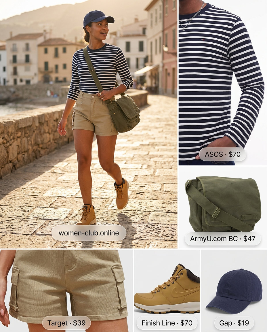 Casual summer outfit with khaki utility shorts, Breton stripe tee, and hiking boots.