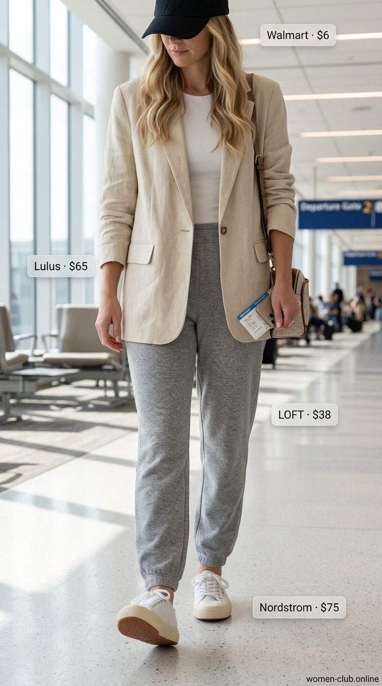 Summer oversized blazer outfits for women 2026: Beige linen blazer with joggers and sneakers for errands.