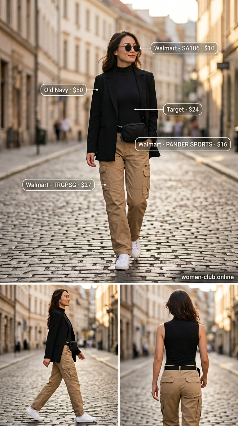 Summer oversized blazer outfits for women 2026: Cargo pants, black bodysuit, sneakers, sunglasses.