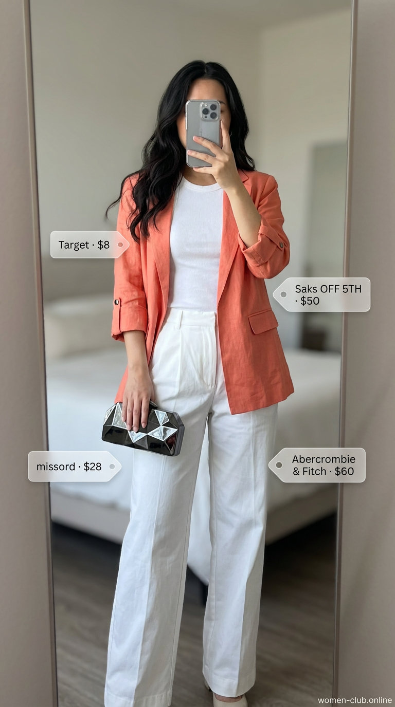 Summer oversized blazer outfits for women 2026: Coral blazer, white trousers, white top for art gallery.