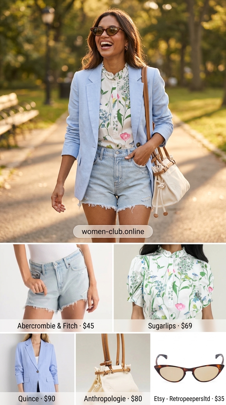 Summer oversized blazer outfits for women 2026: Denim shorts, floral blouse, white sneakers for casual fun.