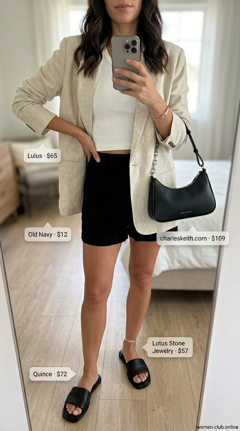 Summer oversized blazer outfits for women 2026: Oatmeal blazer, white shorts, black sandals for city exploration.