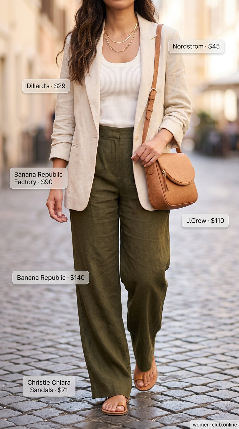Summer oversized blazer outfits for women 2026: Olive green linen pants, cream tank, tan sandals, and blazer for vacation.