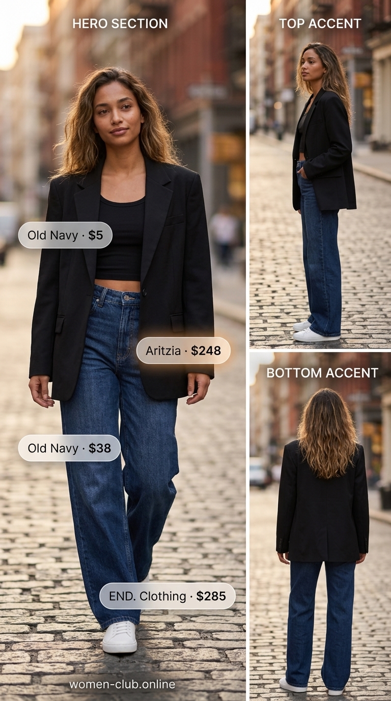 Summer oversized blazer outfits for women 2026: Wide leg jeans, white shirt, black top, sneakers.