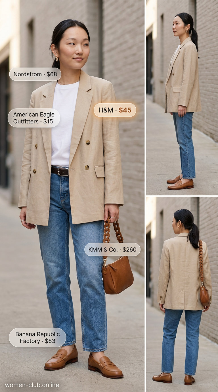 Camel linen oversized blazer with jeans, white tee, and loafers for summer oversized blazer outfits for women 2026.