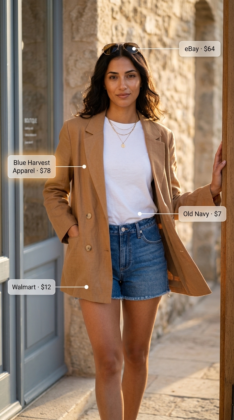 Camel linen blazer with denim shorts, white tee, and aviators for summer oversized blazer outfits for women 2026.