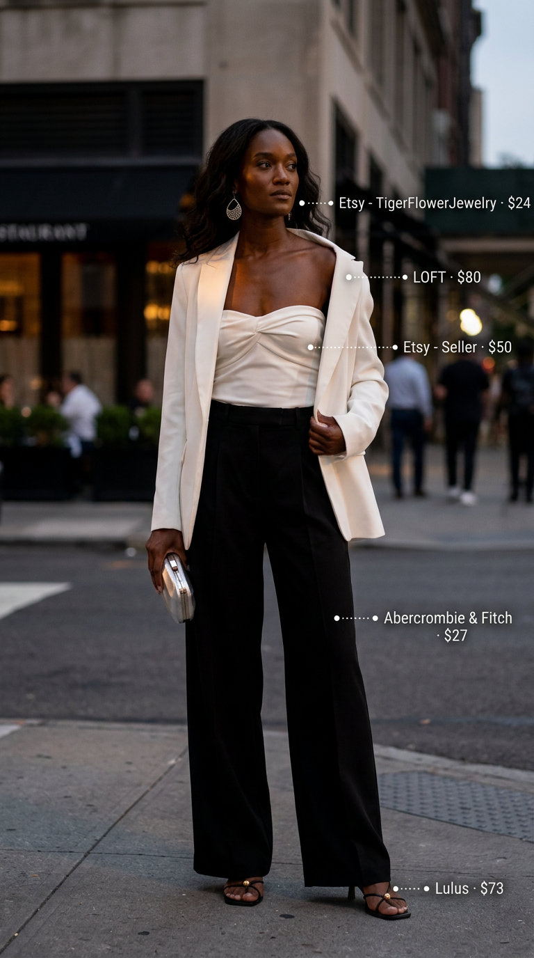 Ivory oversized blazer with black trousers and camisole for summer oversized blazer outfits for women 2026.