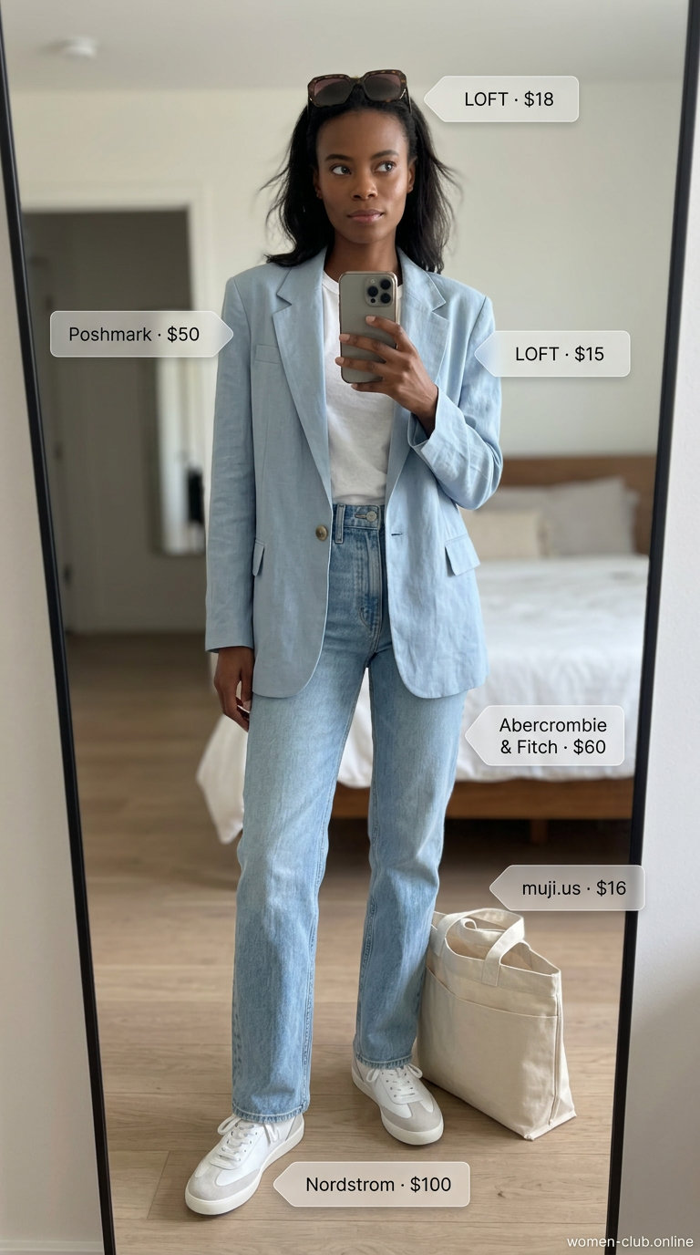 Light blue linen blazer with jeans, white tee, and sneakers for summer oversized blazer outfits for women 2026.