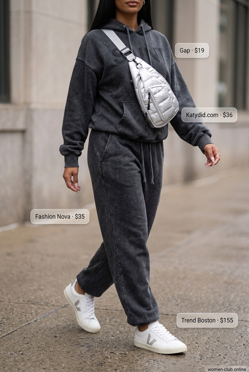 Charcoal grey athleisure set with white tank and sneakers for summer set outfits for women 2026. Casual travel style.