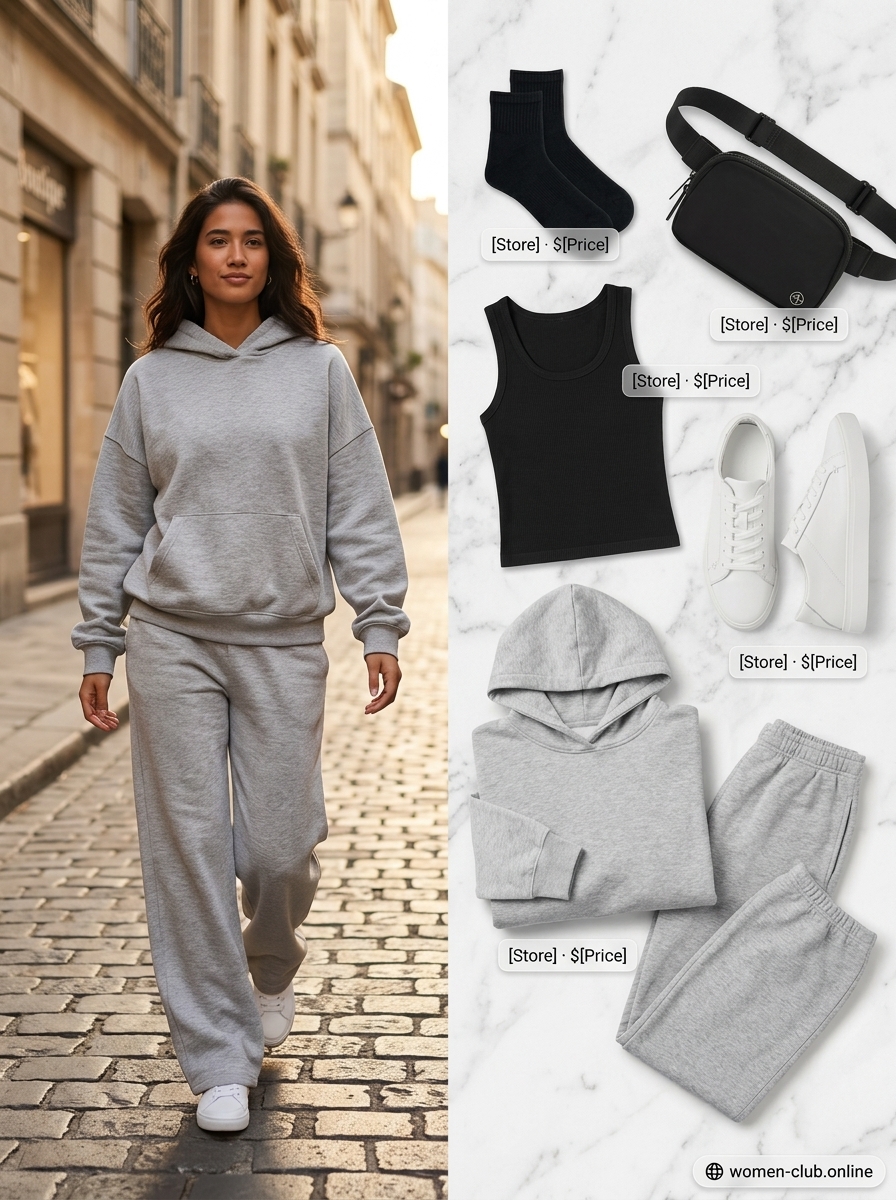 Grey marl hoodie and jogger set for summer set outfits for women 2026, perfect for active lifestyles and travel.
