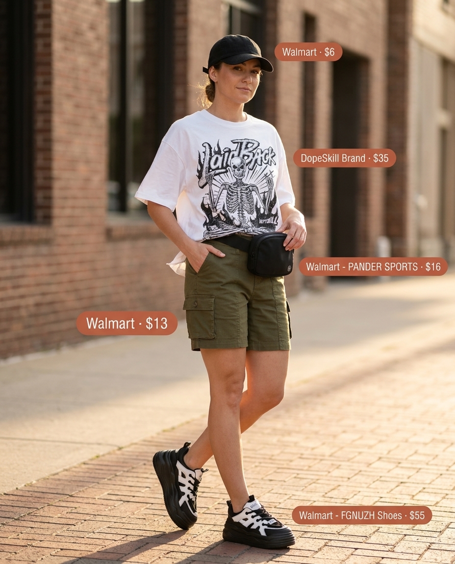 Olive green cargo shorts with graphic tee and sneakers for summer set outfits for women 2026. Urban streetwear style.