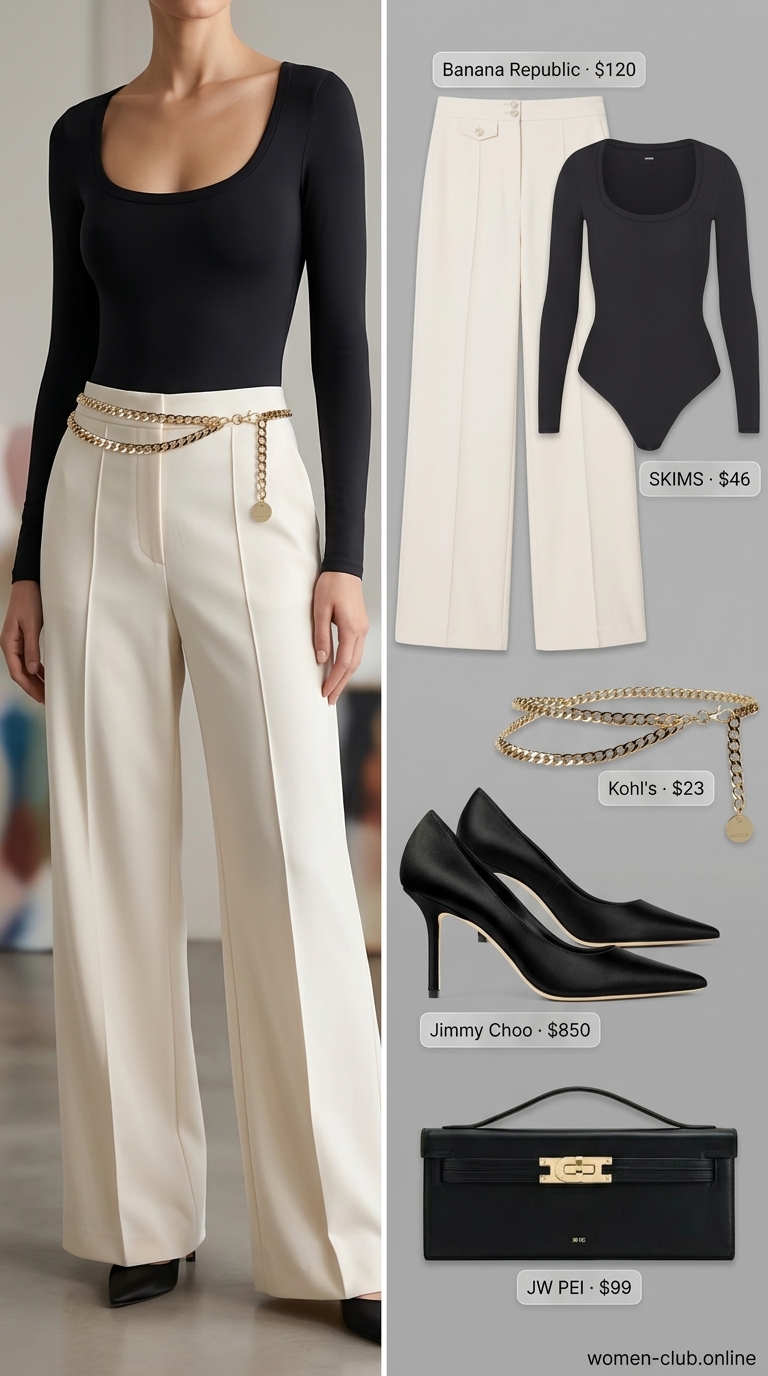 Cream wide-leg trousers and black bodysuit set for women 2026. Sophisticated business casual outfit with gold belt.