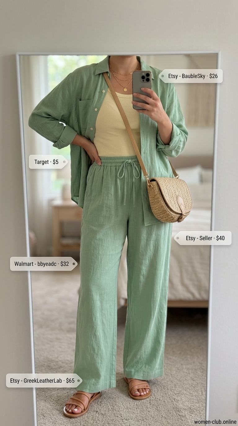 Sage green linen button-down and pants set for women 2026. Relaxed beach vacation outfit with straw bag.