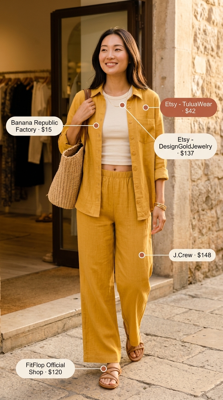 Cream linen button-down shirt and wide-leg pants set for summer set outfits for women 2026. Beach vacation style.