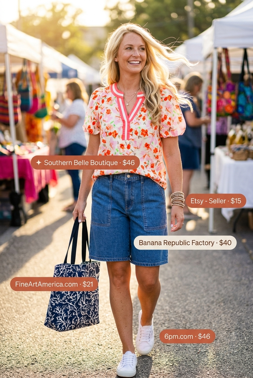 Denim shorts and floral blouse for summer set outfits for women 2026, great for casual outings and weekend errands.