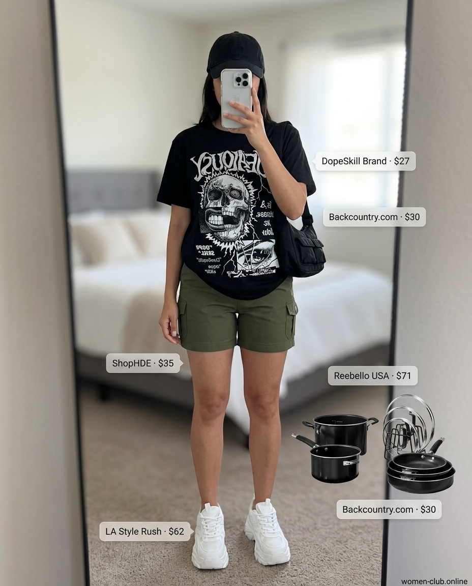 Olive green cargo shorts and graphic tee set for women 2026. Adventurous casual outfit with black cap and platform sneakers.