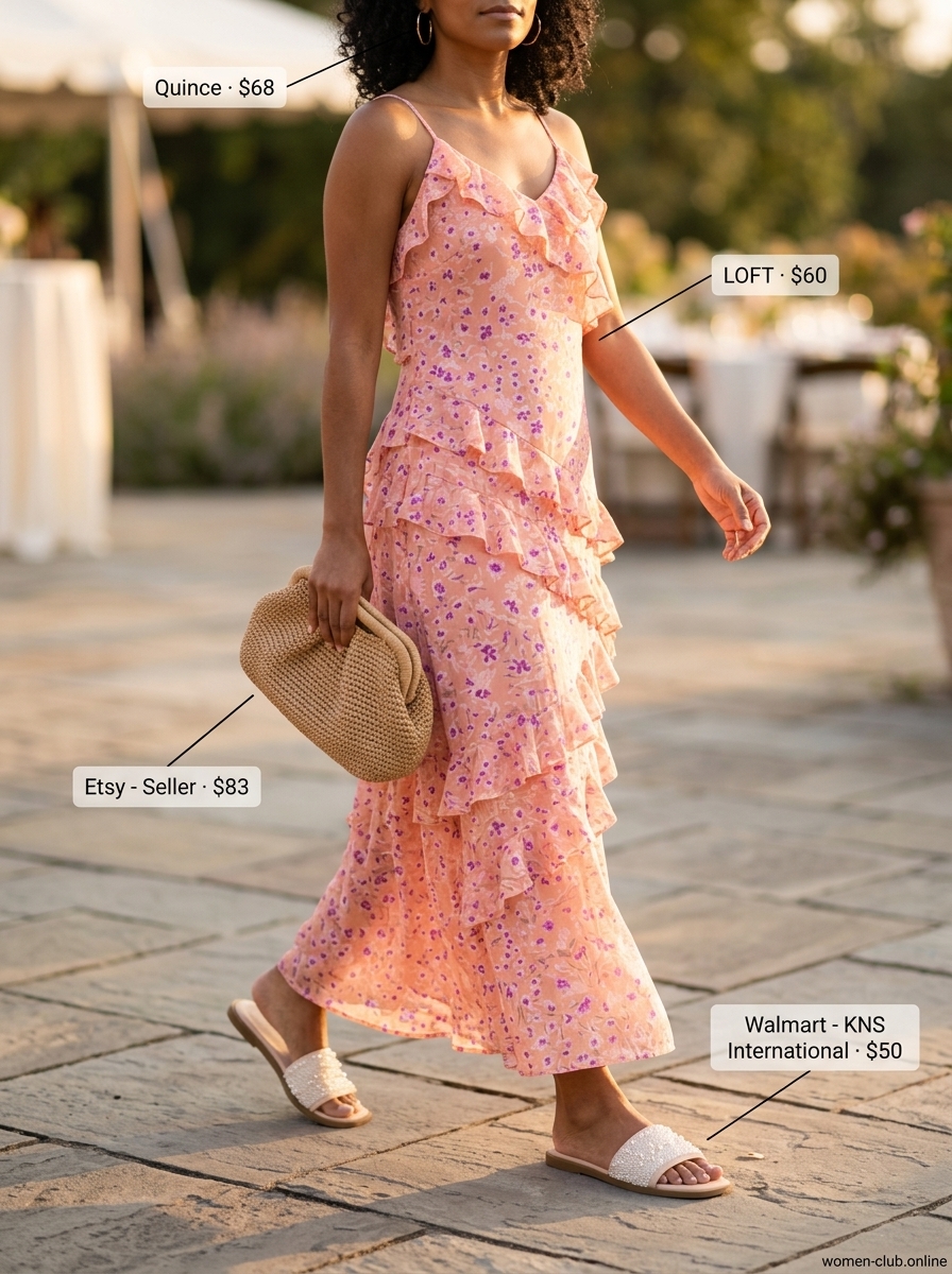 Coral and pink floral maxi dress for summer set outfits for women 2026, ideal for evening events and weddings.
