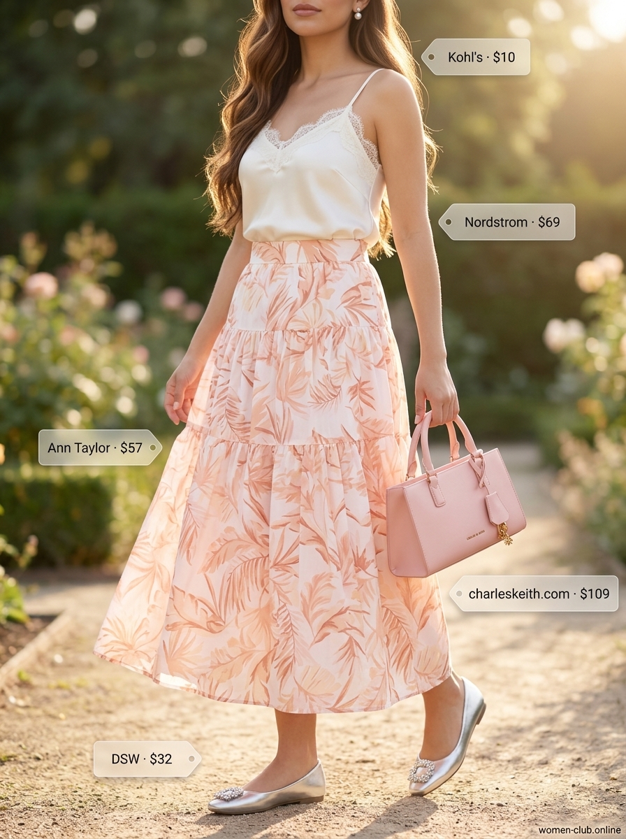 Blush pink floral midi skirt and ivory camisole for summer set outfits for women 2026, perfect for garden parties.