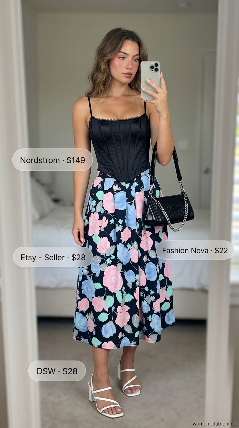 Floral midi skirt with black corset top and heeled sandals for summer set outfits for women 2026. Feminine date night look.