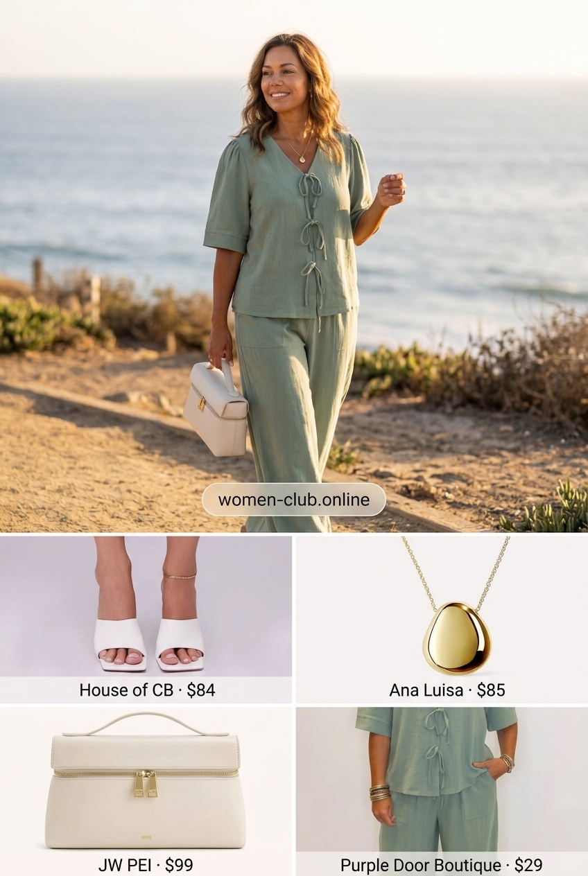 Sage green linen matching set for women 2026. Sophisticated resort wear with heeled mules and top-handle bag.