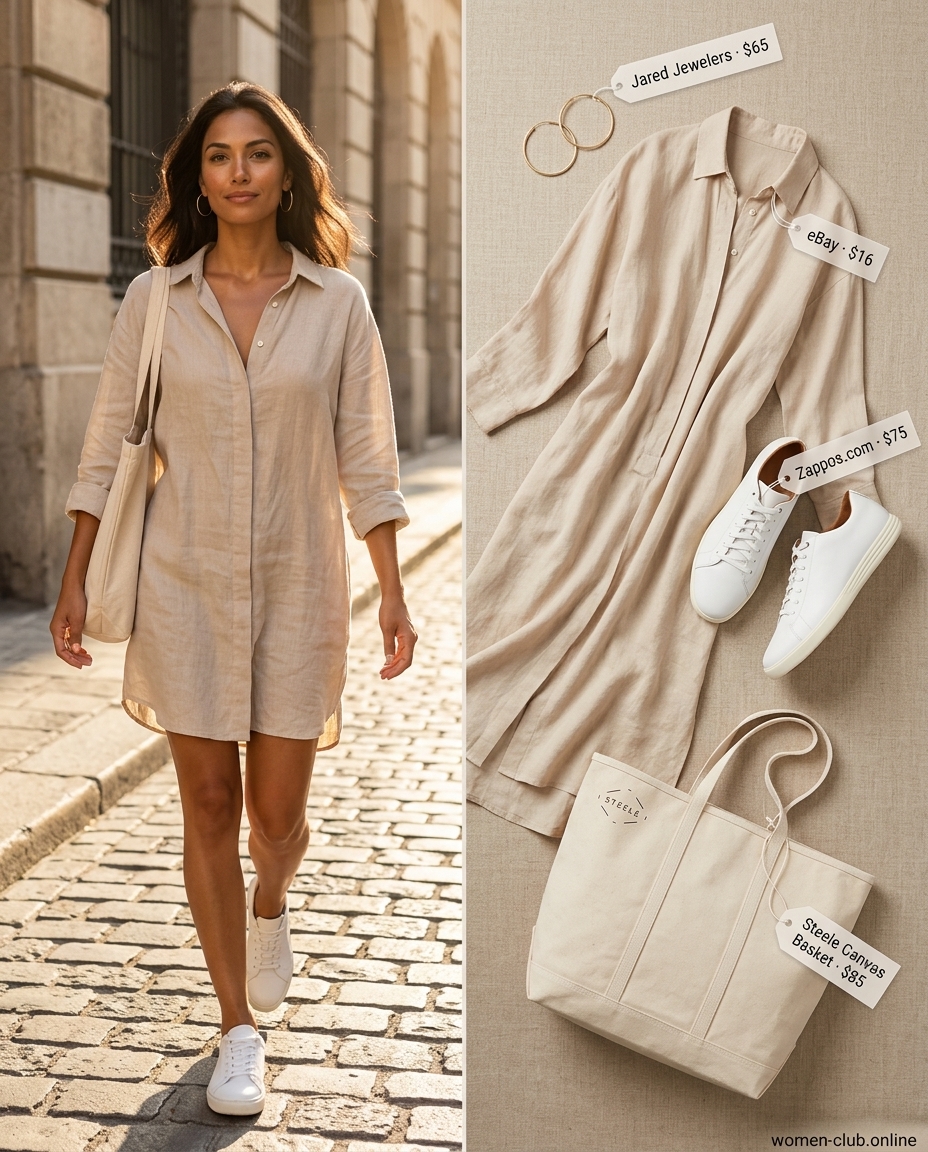 Beige linen shirt dress with white sneakers and tote for summer set outfits for women 2026. Relaxed casual style.