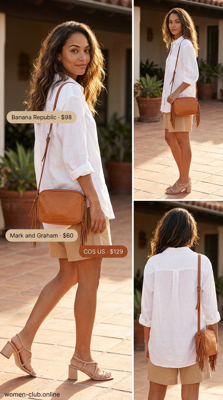 Beige linen shorts and white button-down set for women 2026. Polished casual work outfit with leather sandals.