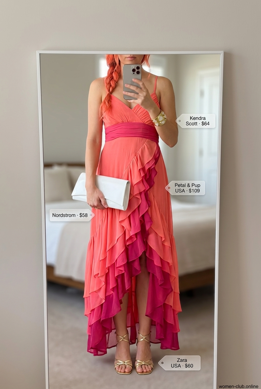 Coral maxi dress for women 2026. Elegant summer evening outfit with gold bracelet and white clutch.