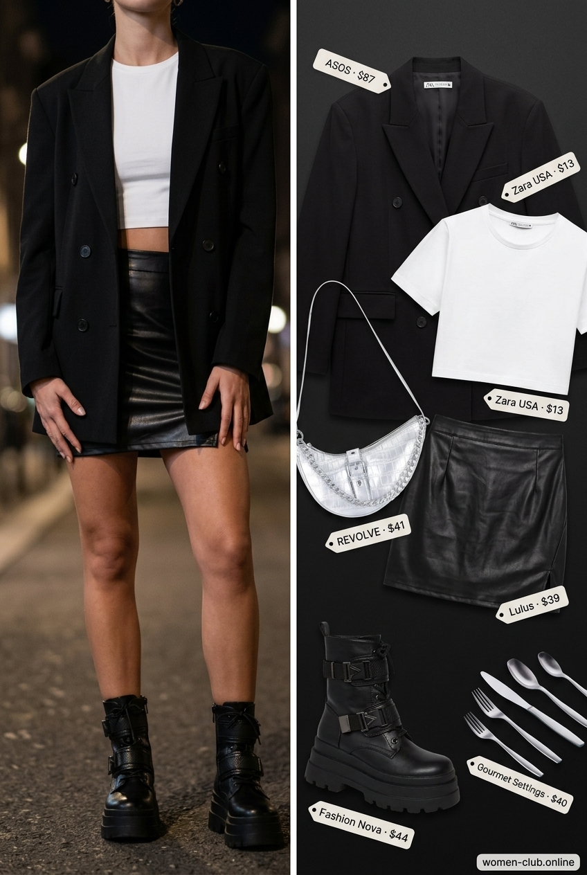 Black mini skirt, white tee, and oversized blazer for summer set outfits for women 2026, for nights out.