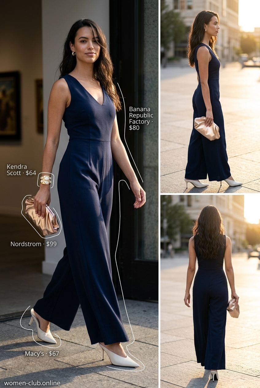 Navy blue wide-leg jumpsuit with gold accents for summer set outfits for women 2026. Sophisticated evening look.