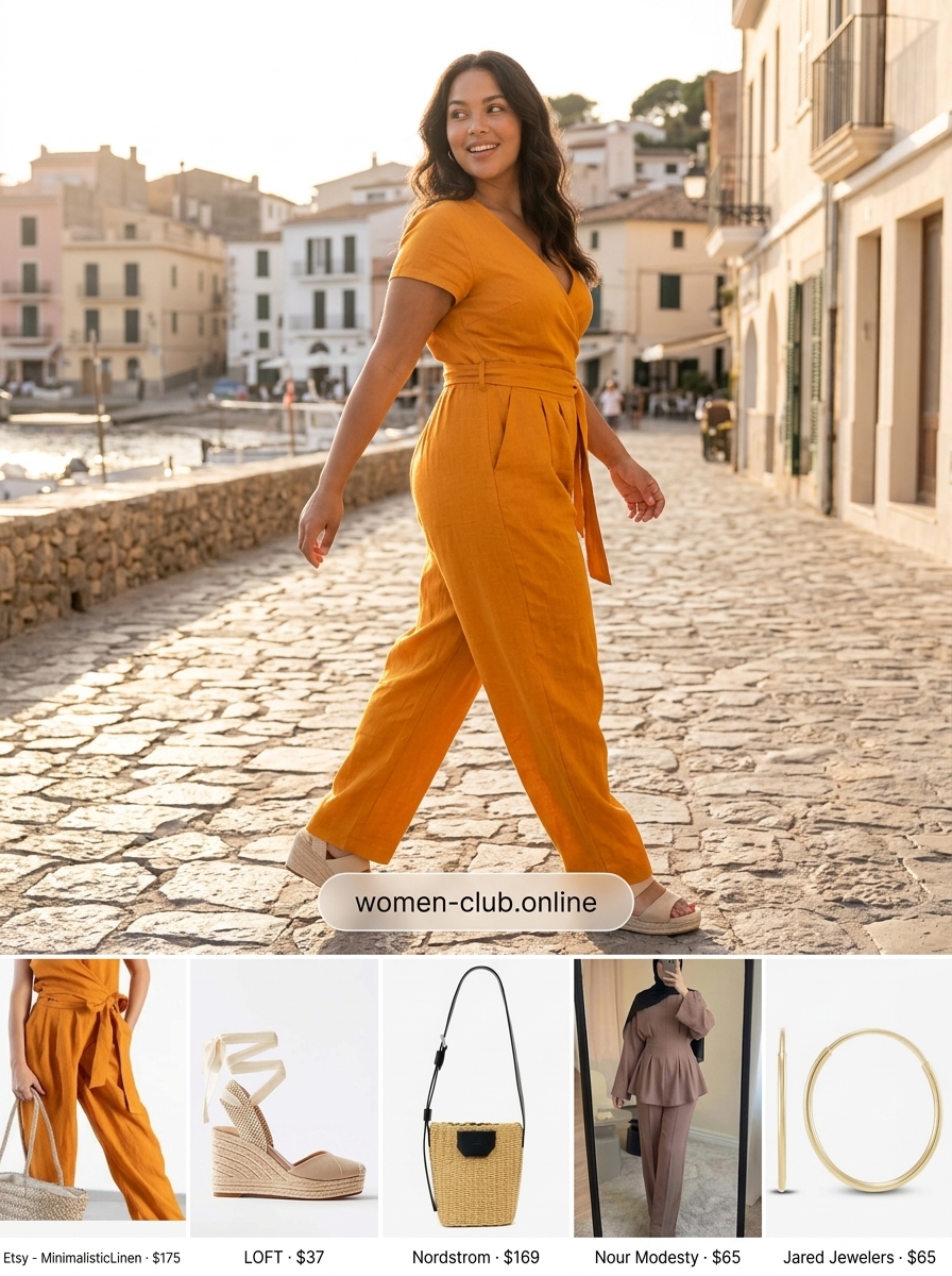 Vibrant orange linen romper with espadrille wedges for summer set outfits for women 2026. Fun vacation look.
