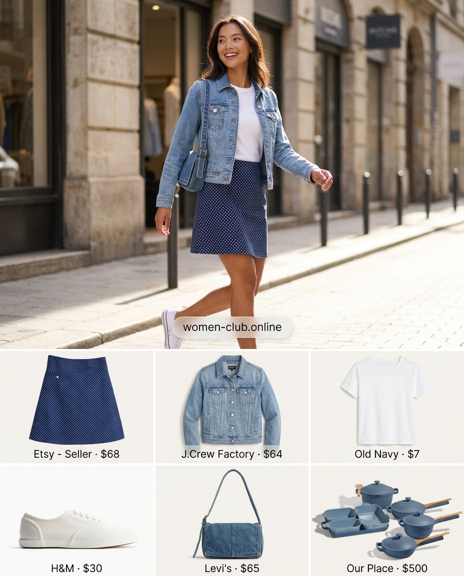 Navy polka dot mini skirt and white tee outfit for women 2026. Playful casual day out look with denim jacket.