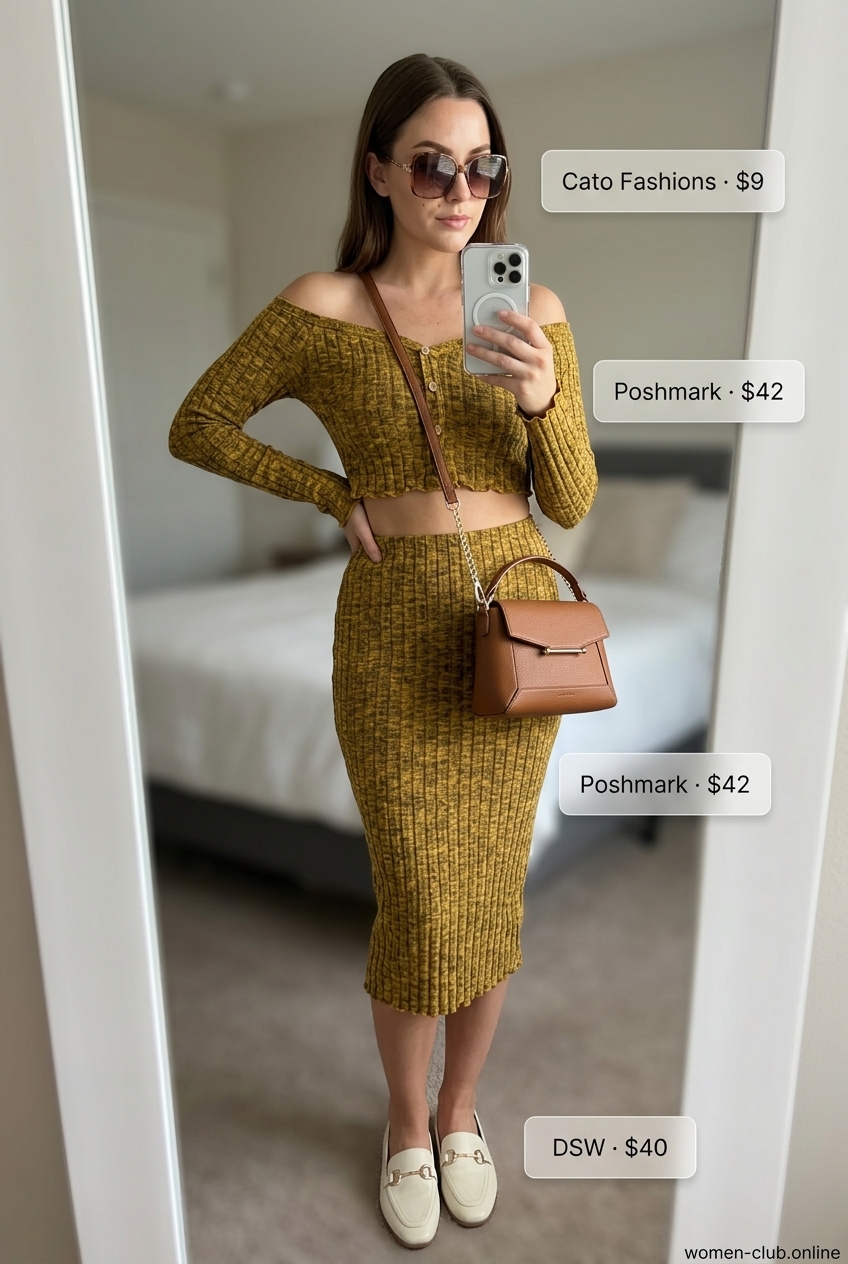 Mustard yellow ribbed knit crop top and midi skirt set for women 2026. Casual chic outfit with cream loafers and brown crossbody bag.
