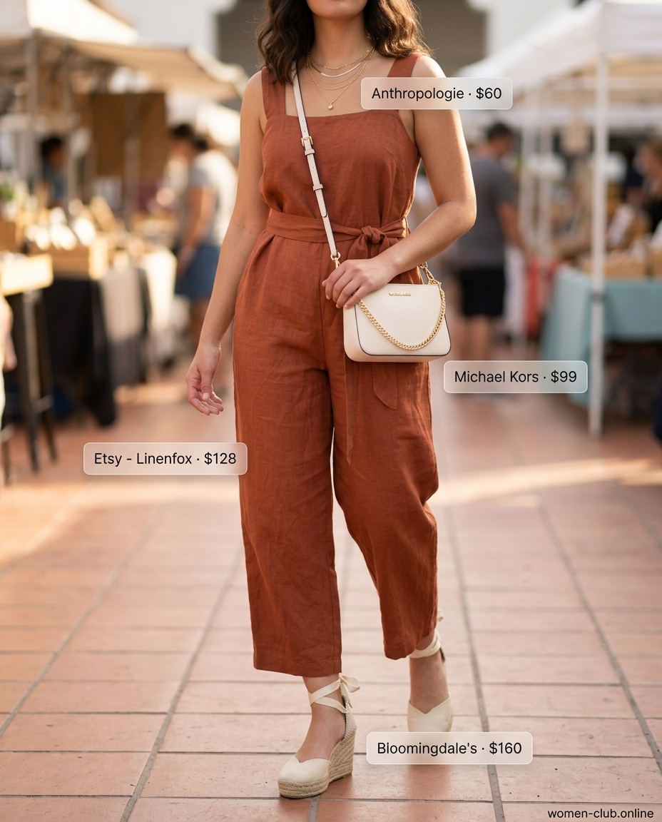 Terracotta linen wide-leg jumpsuit with espadrilles for summer set outfits for women 2026. Sophisticated day event look.