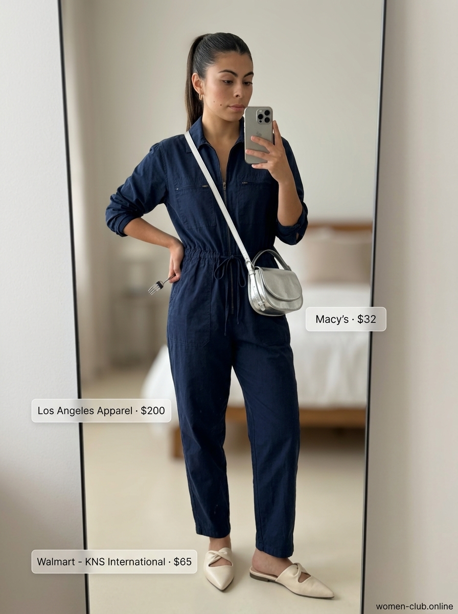 Navy utility jumpsuit for women 2026. Chic modern outfit with silver crossbody bag and flat mules.
