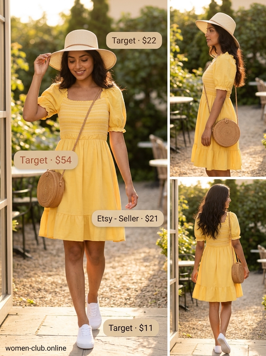 Yellow mini sundress with puff sleeves and straw hat for summer set outfits for women 2026. Playful daytime look.