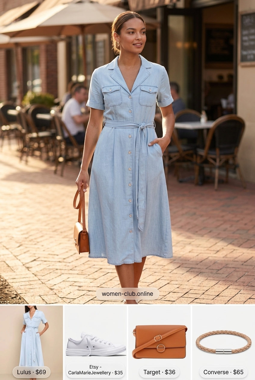 Casual denim shirt dress for women 2026, ideal for errands and weekend outings. Styled with white sneakers and a tan crossbody bag.